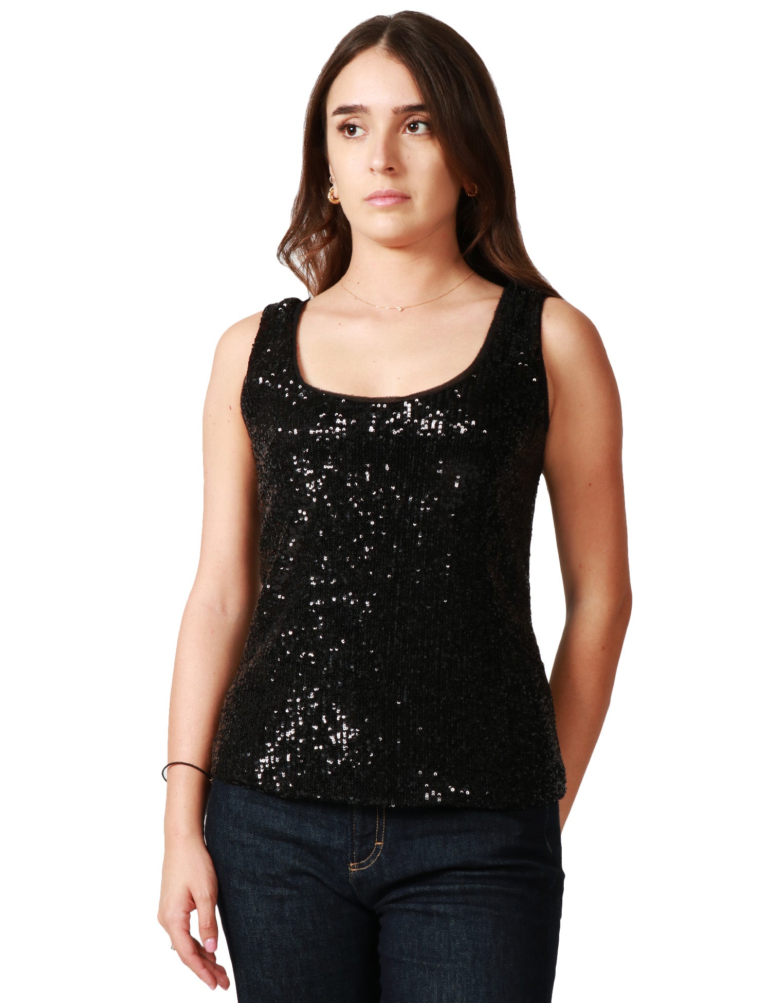 TOP DONNA CAROL RUIZ NERO CON PAILLETTES ALL OVER E SCOLLO TONDO