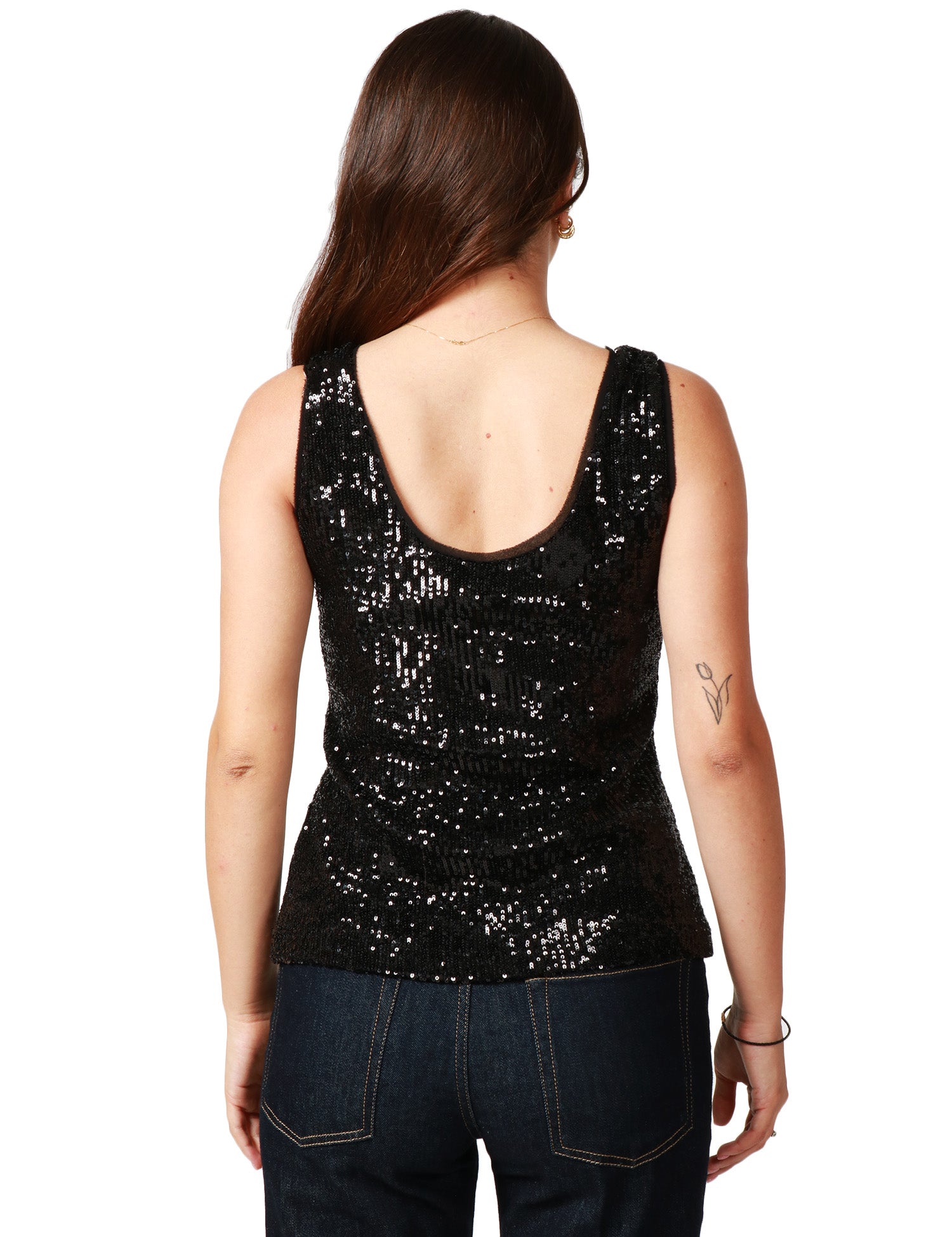 TOP DONNA CAROL RUIZ NERO CON PAILLETTES ALL OVER E SCOLLO TONDO
