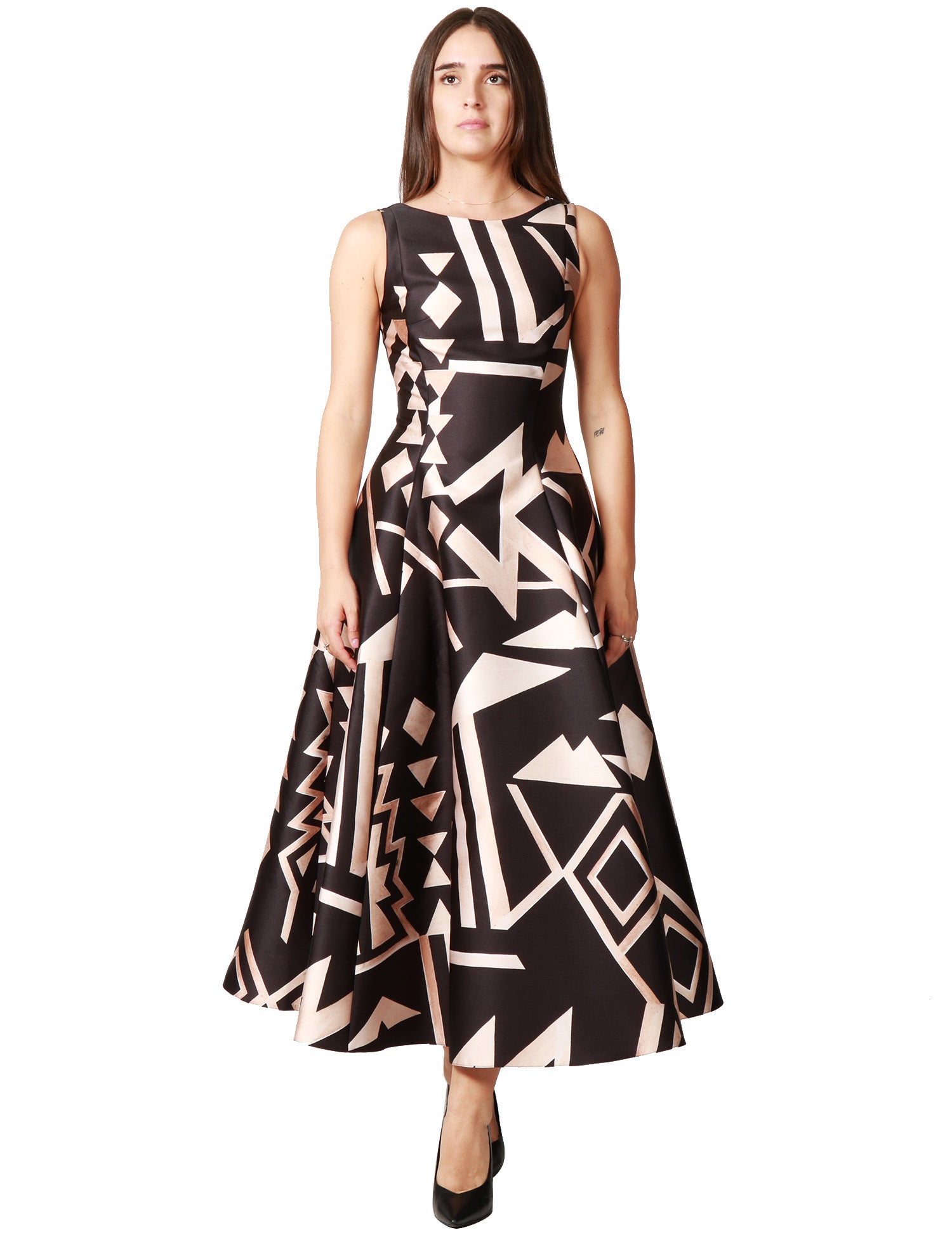 ABITO DONNA CAROL RUIZ MIKADO NERO/BEIGE A FANTASIA GEOMETRICA SMANICATO CON GONNA AMPIA