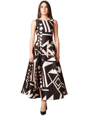 ABITO DONNA CAROL RUIZ MIKADO NERO/BEIGE A FANTASIA GEOMETRICA SMANICATO CON GONNA AMPIA