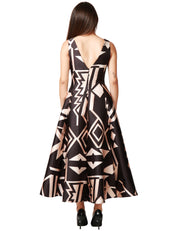ABITO DONNA CAROL RUIZ MIKADO NERO/BEIGE A FANTASIA GEOMETRICA SMANICATO CON GONNA AMPIA