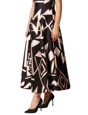 ABITO DONNA CAROL RUIZ MIKADO NERO/BEIGE A FANTASIA GEOMETRICA SMANICATO CON GONNA AMPIA