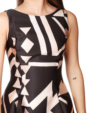 ABITO DONNA CAROL RUIZ MIKADO NERO/BEIGE A FANTASIA GEOMETRICA SMANICATO CON GONNA AMPIA