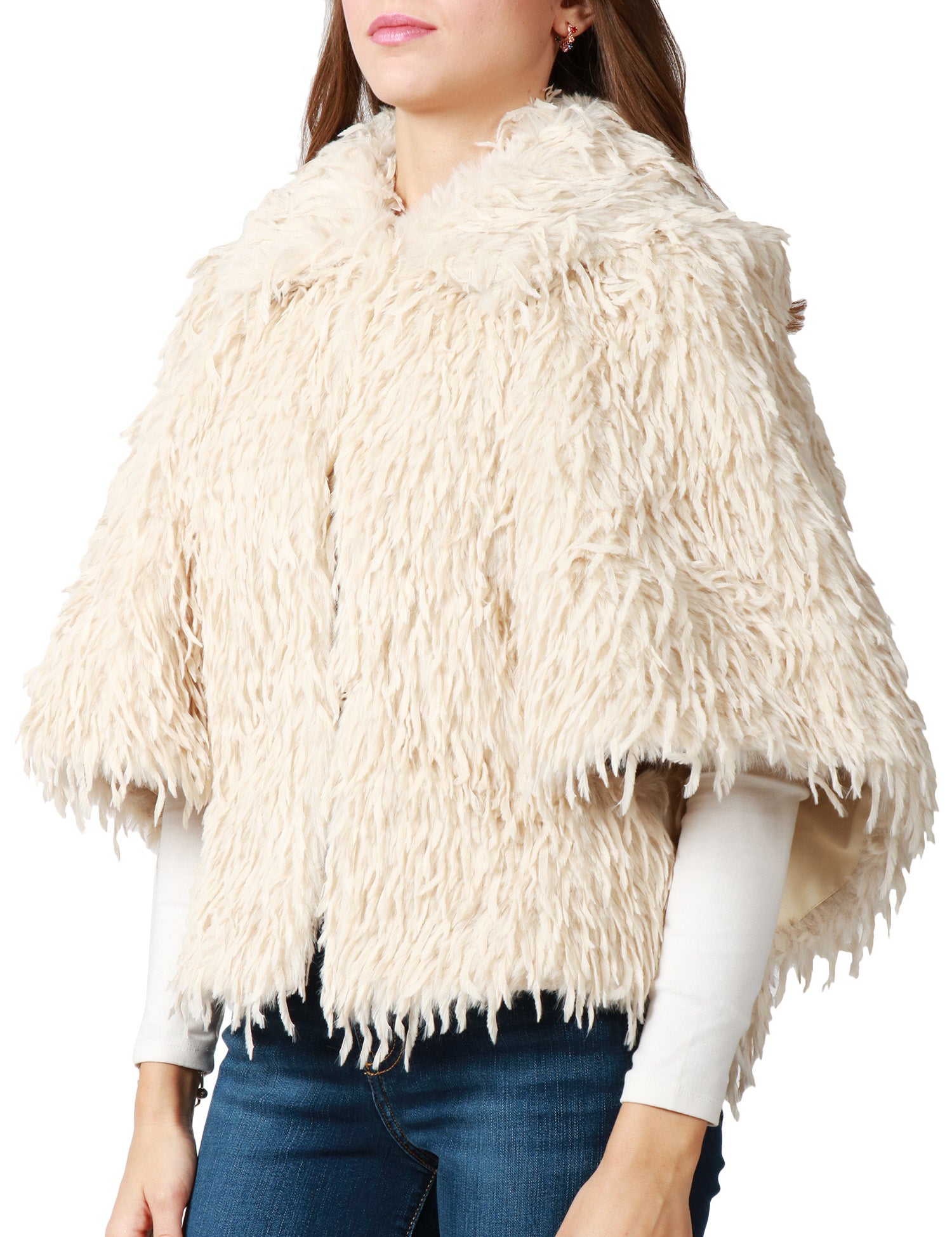 MANTELLA DONNA CARLA RUIZ BIANCA EFFETTO PELLICCIA CON COLLO E MANICA 3/4