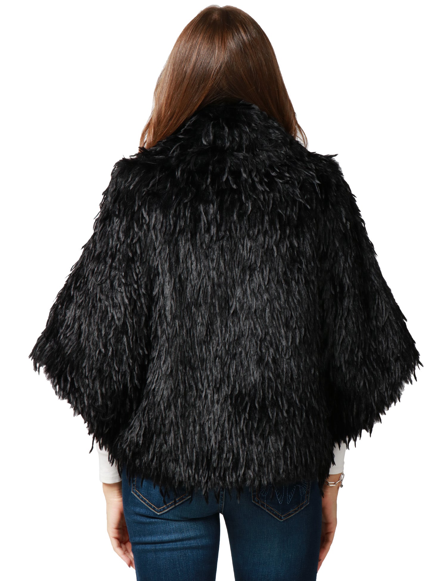MANTELLA DONNA CARLA RUIZ NERA EFFETTO PELLICCIA CON COLLO E MANICA 3/4