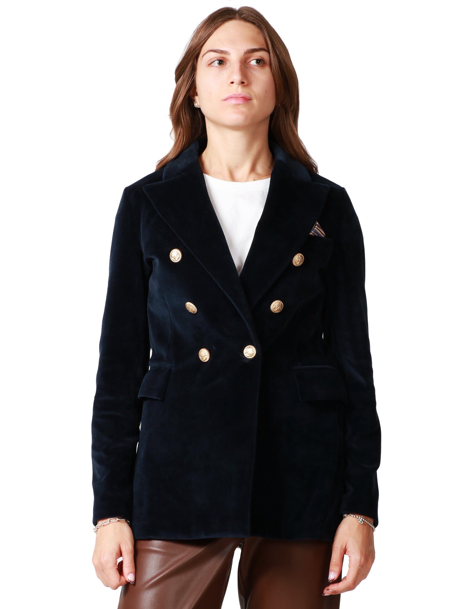 GIACCA DONNA CIRCOLO BLU SCURO IN VELOUR DOPPIOPETTO CON BOTTONI IN METALLO E TASCHE A PATTA