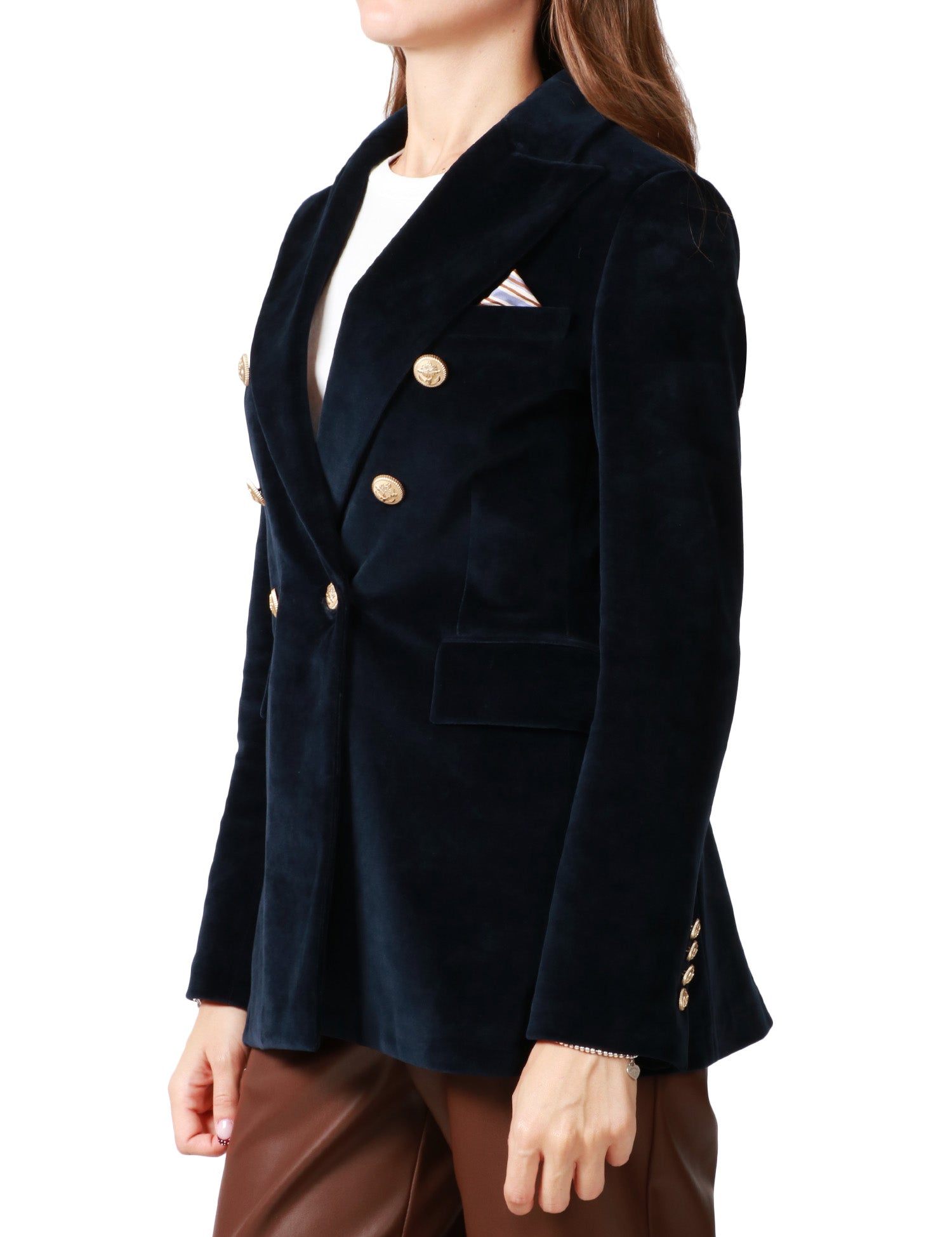 GIACCA DONNA CIRCOLO BLU SCURO IN VELOUR DOPPIOPETTO CON BOTTONI IN METALLO E TASCHE A PATTA