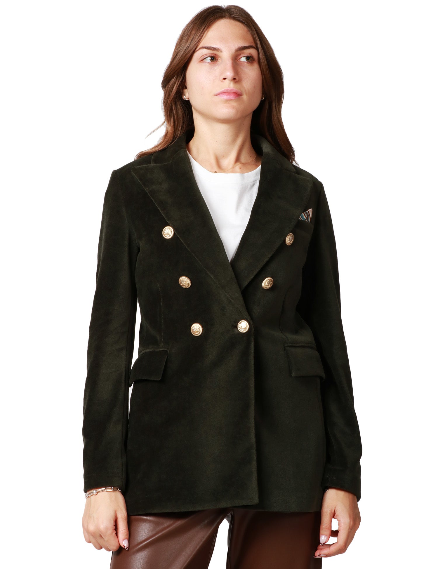 GIACCA DONNA CIRCOLO VERDE FORESTA IN VELOUR DOPPIOPETTO CON BOTTONI IN METALLO E TASCHE A PATTA