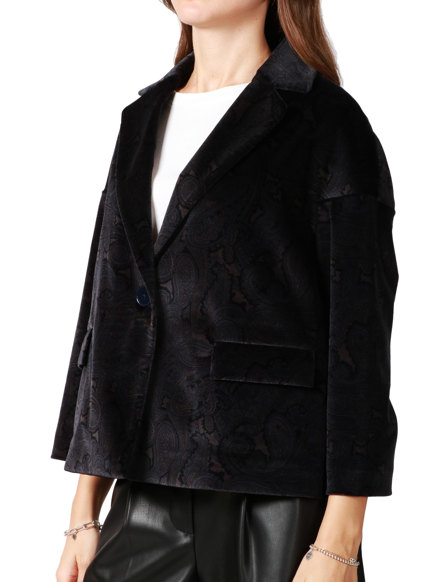 GIACCA CABAN DONNA CIRCOLO BLU SCURO IN VELLUTO FANTASIA PAISLEY CON MANICA 7/8
