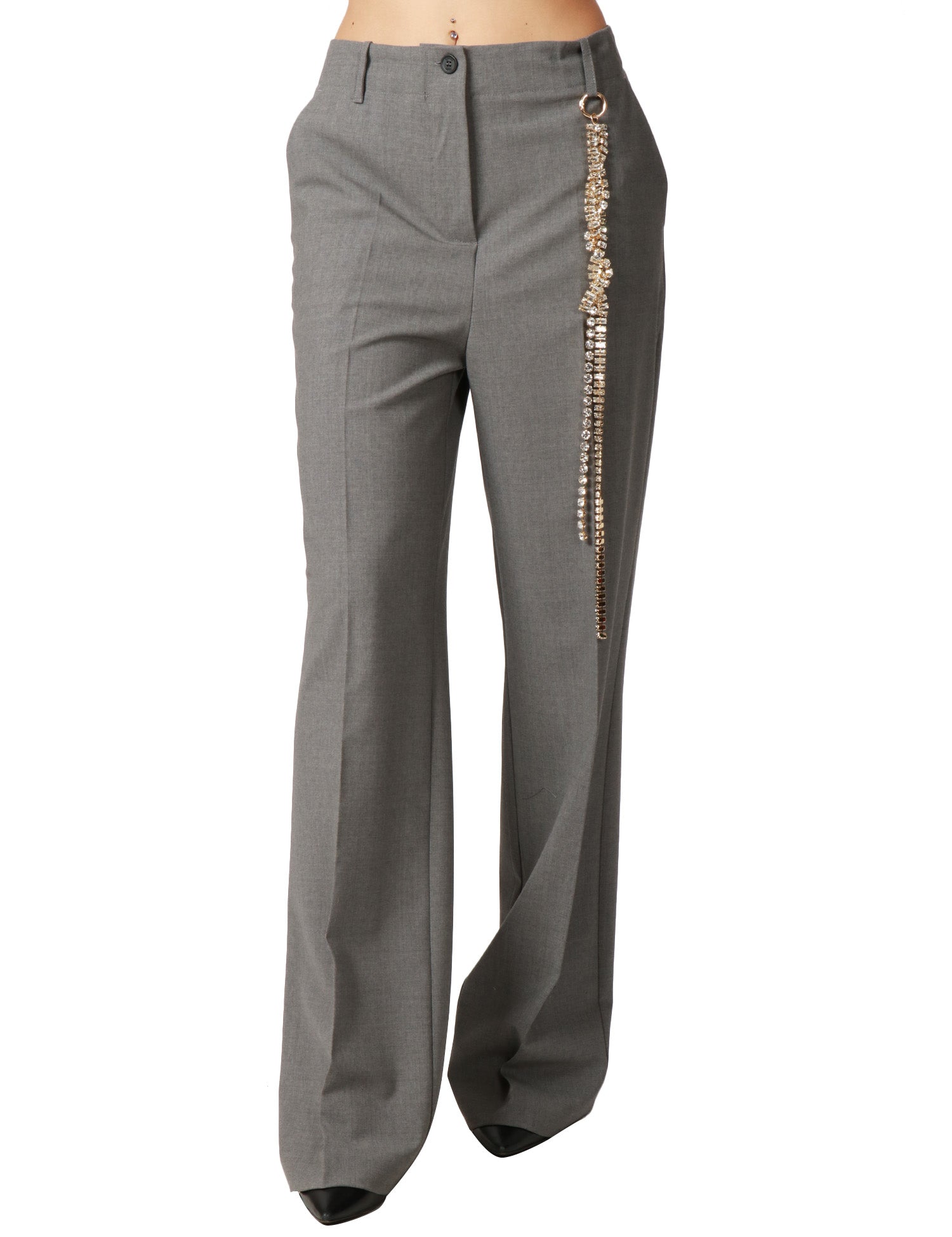 PANTALONE DONNA CIRCUS HOTEL FUMO IN FRESCO LANA A GAMBA DRITTA CON DETTAGLIO GIOIELLO