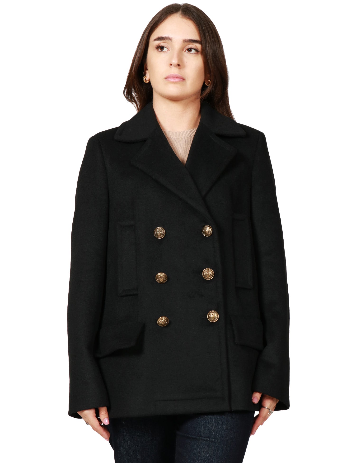 CAPPOTTO PEACOAT DONNA DONDUP NERO DOPPIOPETTO CON BOTTONI GIOIELLO IN VELOUR MISTO LANA