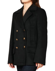 CAPPOTTO PEACOAT DONNA DONDUP NERO DOPPIOPETTO CON BOTTONI GIOIELLO IN VELOUR MISTO LANA