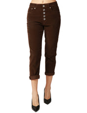 PANTALONE DONNA DONDUP KOONS MARRONE IN VELLUTO STRETCH 500 RIGHE CON BOTTONI GIOIELLO