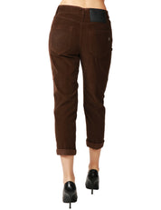 PANTALONE DONNA DONDUP KOONS MARRONE IN VELLUTO STRETCH 500 RIGHE CON BOTTONI GIOIELLO