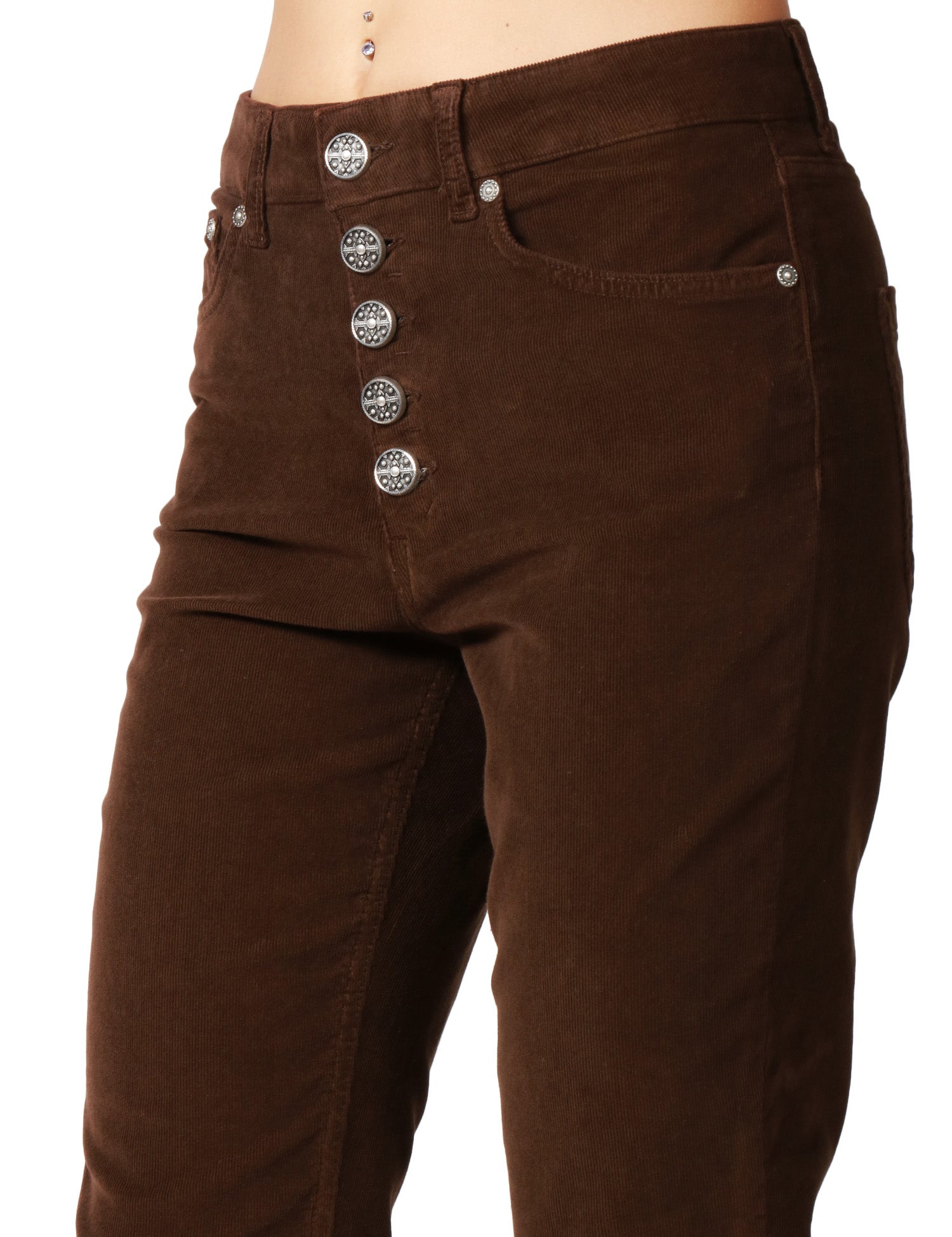 PANTALONE DONNA DONDUP KOONS MARRONE IN VELLUTO STRETCH 500 RIGHE CON BOTTONI GIOIELLO