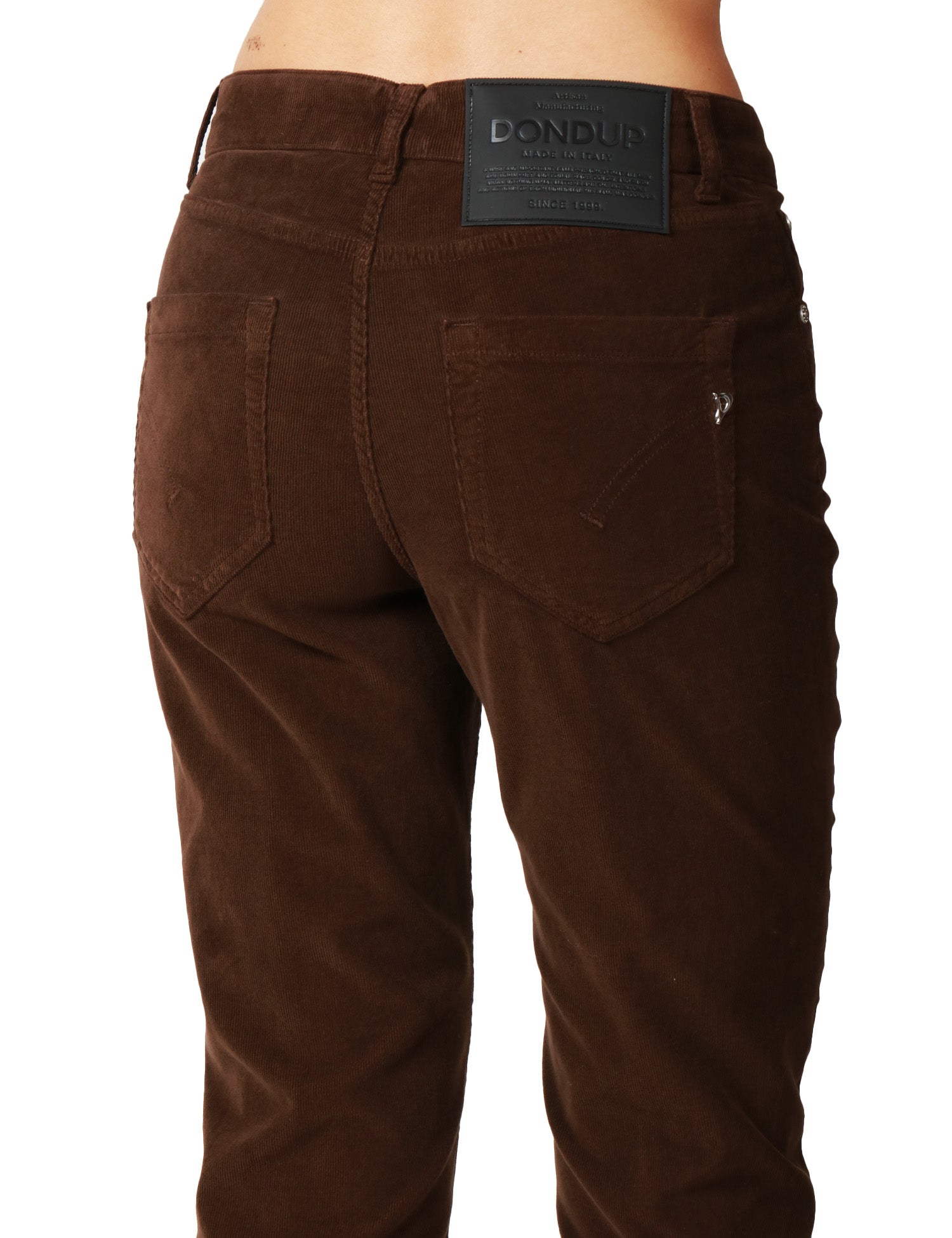 PANTALONE DONNA DONDUP KOONS MARRONE IN VELLUTO STRETCH 500 RIGHE CON BOTTONI GIOIELLO