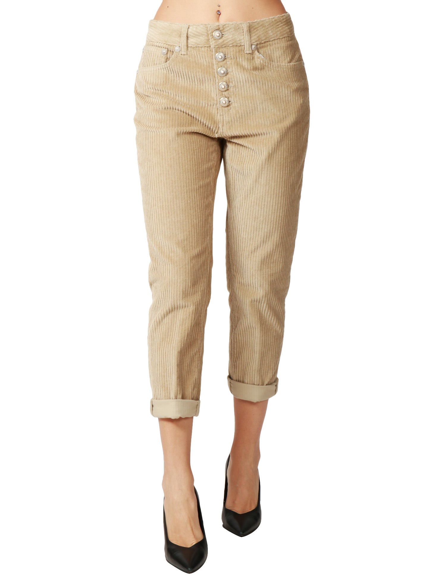 PANTALONE DONNA DONDUP KOONS BEIGE IN VELLUTO STERTCH 500 RIGHE CON BOTTONIERA GIOIELLO