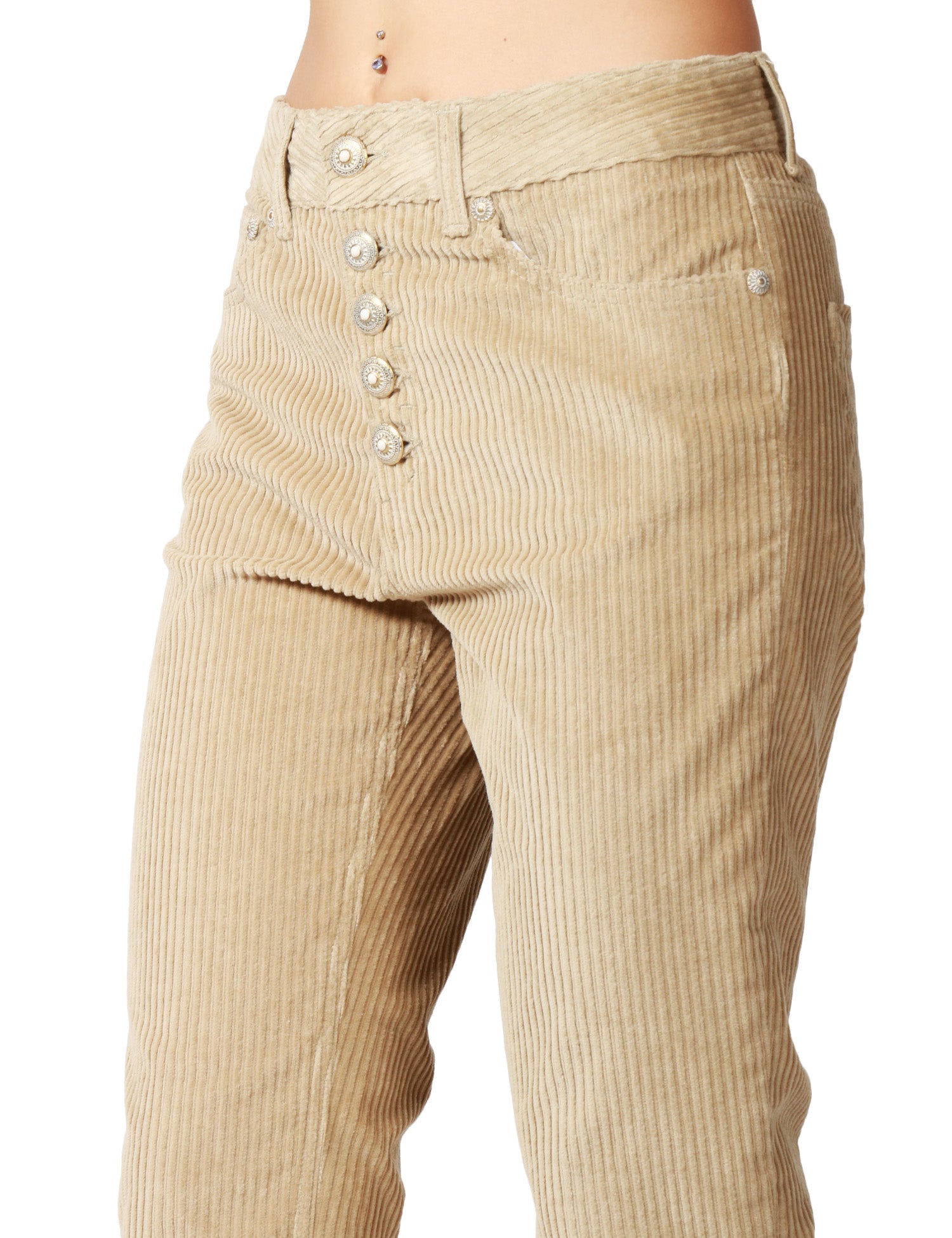 PANTALONE DONNA DONDUP KOONS BEIGE IN VELLUTO STERTCH 500 RIGHE CON BOTTONIERA GIOIELLO