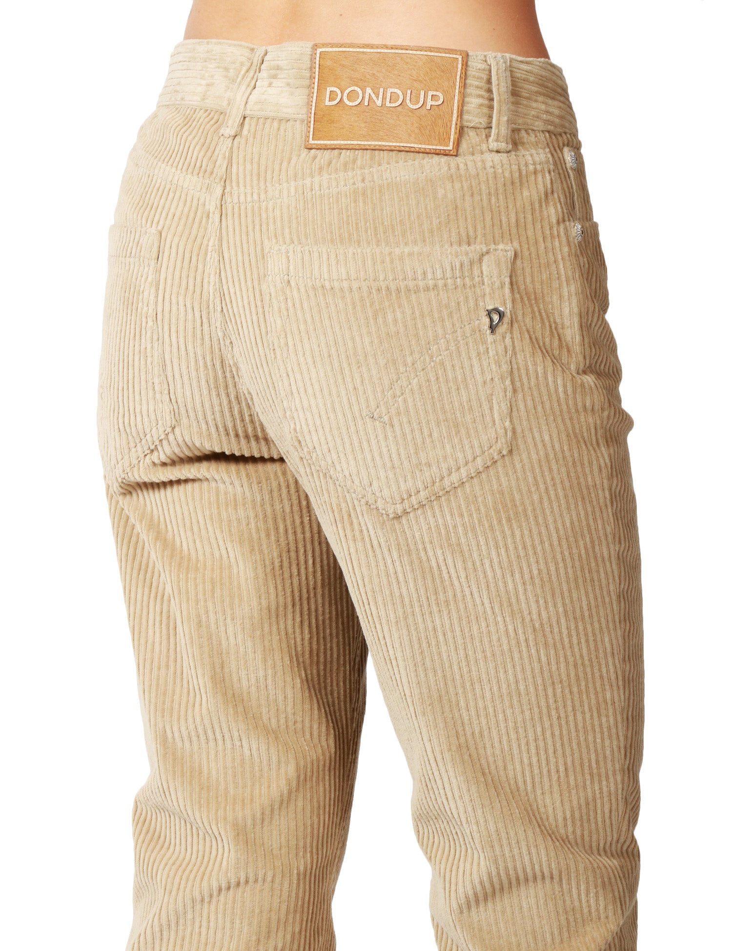 PANTALONE DONNA DONDUP KOONS BEIGE IN VELLUTO STERTCH 500 RIGHE CON BOTTONIERA GIOIELLO