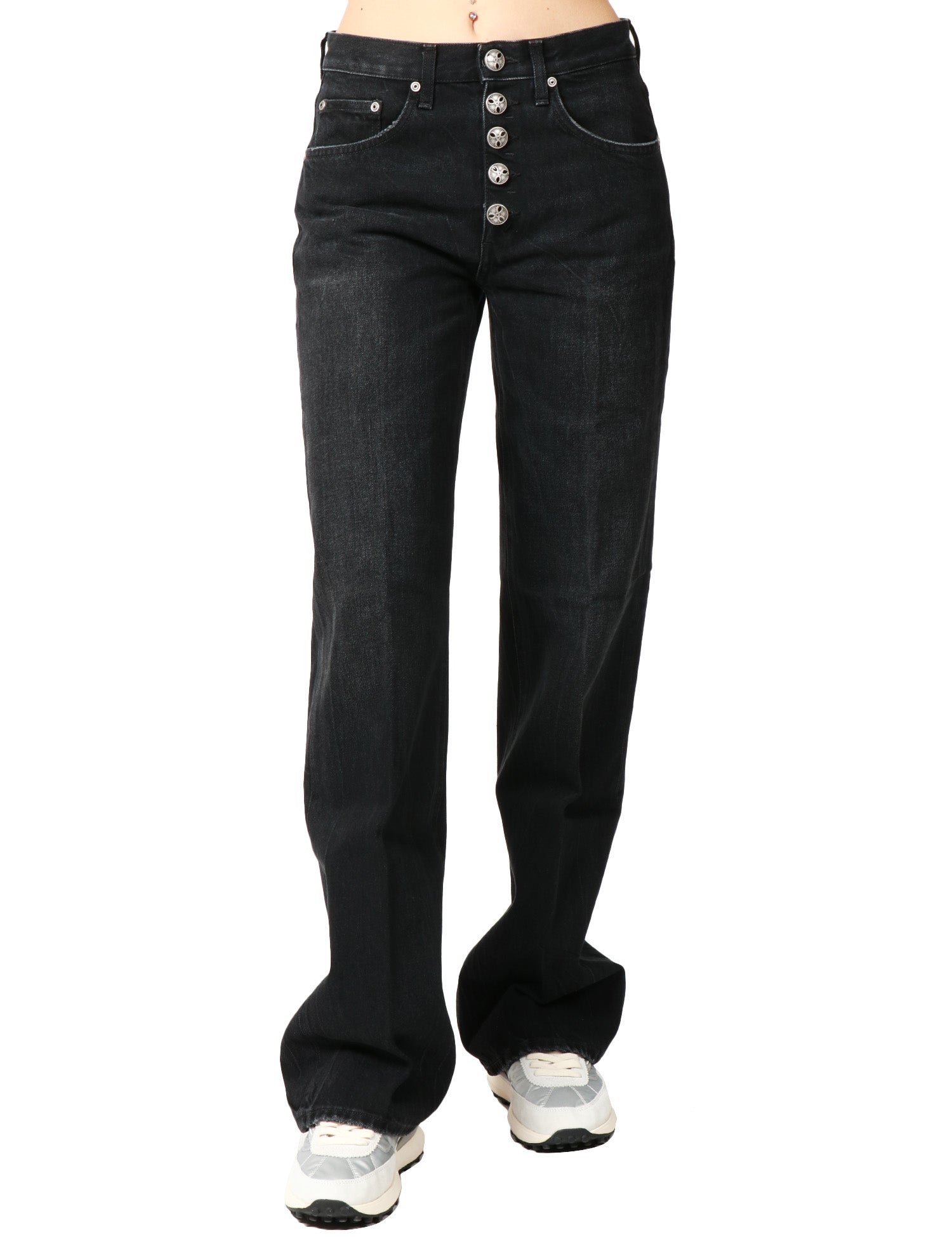 JEANS DONNA DONDUP JACKLYN BLACK DENIM CON GAMBA A PALAZZO E BOTTONIERA GIOIELLO