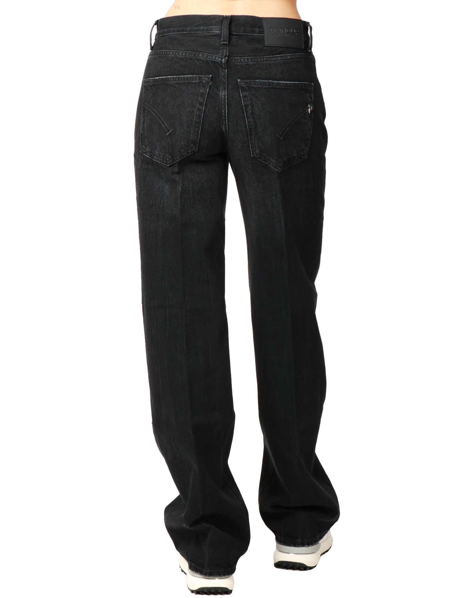 JEANS DONNA DONDUP JACKLYN BLACK DENIM CON GAMBA A PALAZZO E BOTTONIERA GIOIELLO
