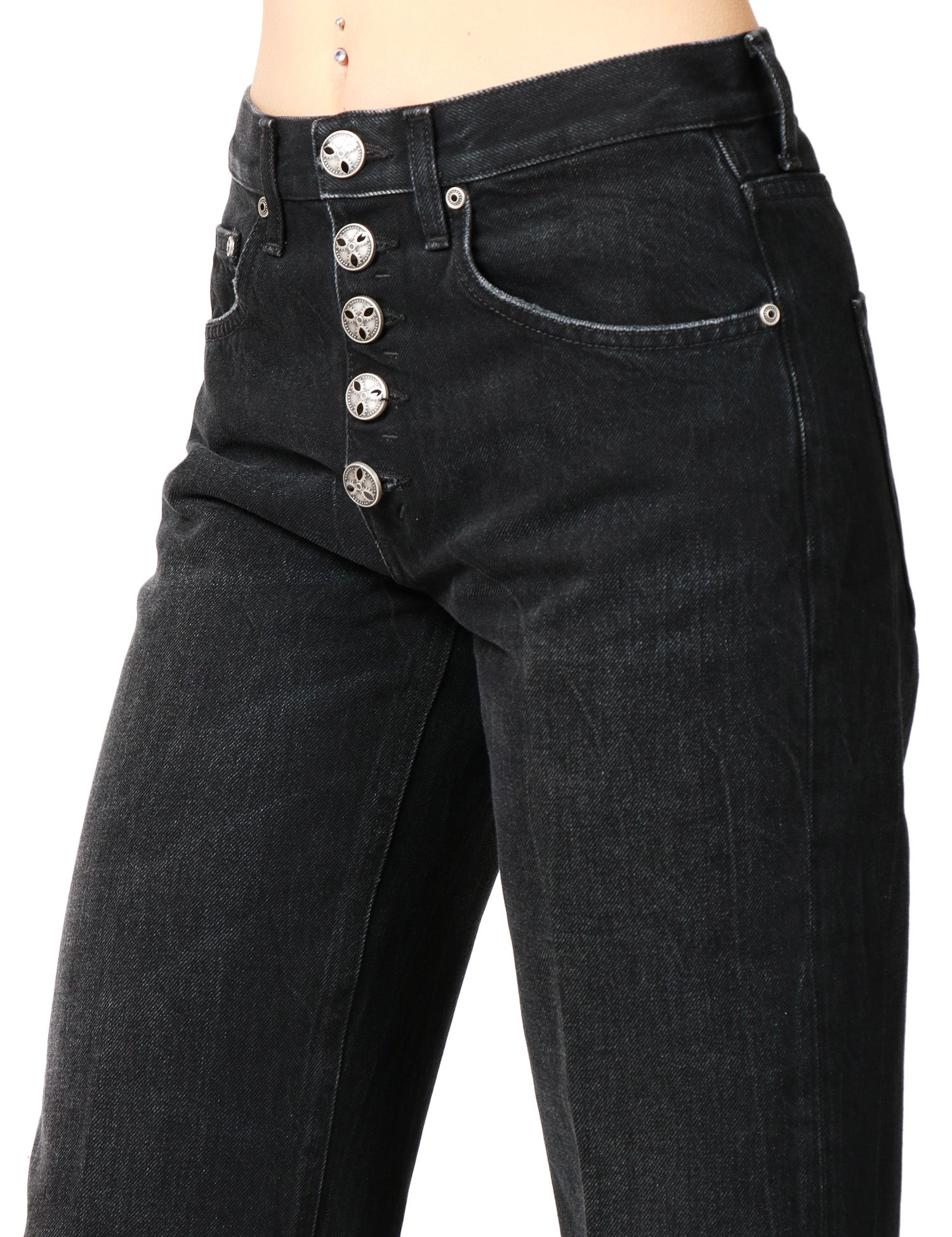 JEANS DONNA DONDUP JACKLYN BLACK DENIM CON GAMBA A PALAZZO E BOTTONIERA GIOIELLO