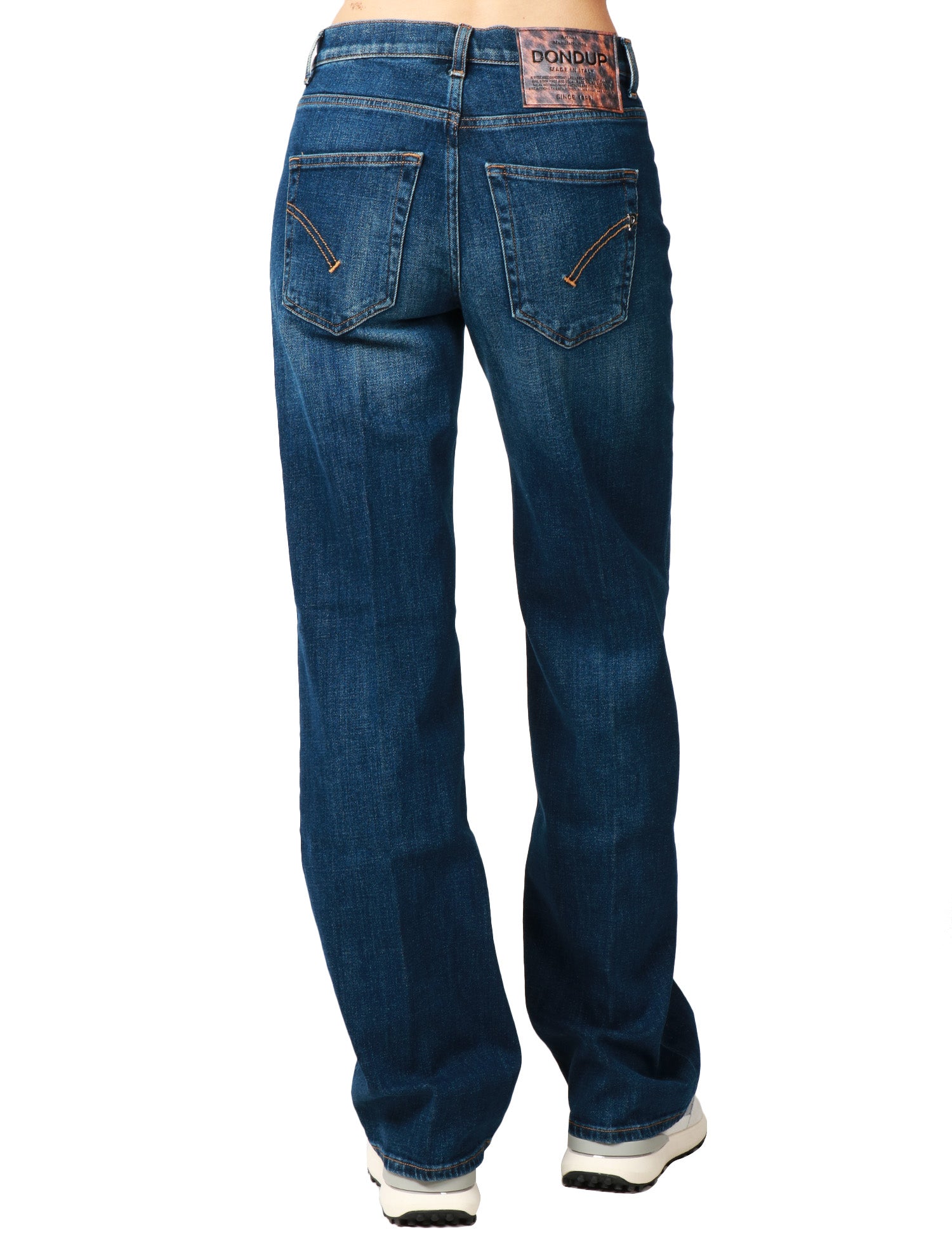 JEANS DONNA DONDUP JACKLYN LAVAGGIO SCURO CON GAMBA A PALAZZO E BOTTONIERA GIOIELLO