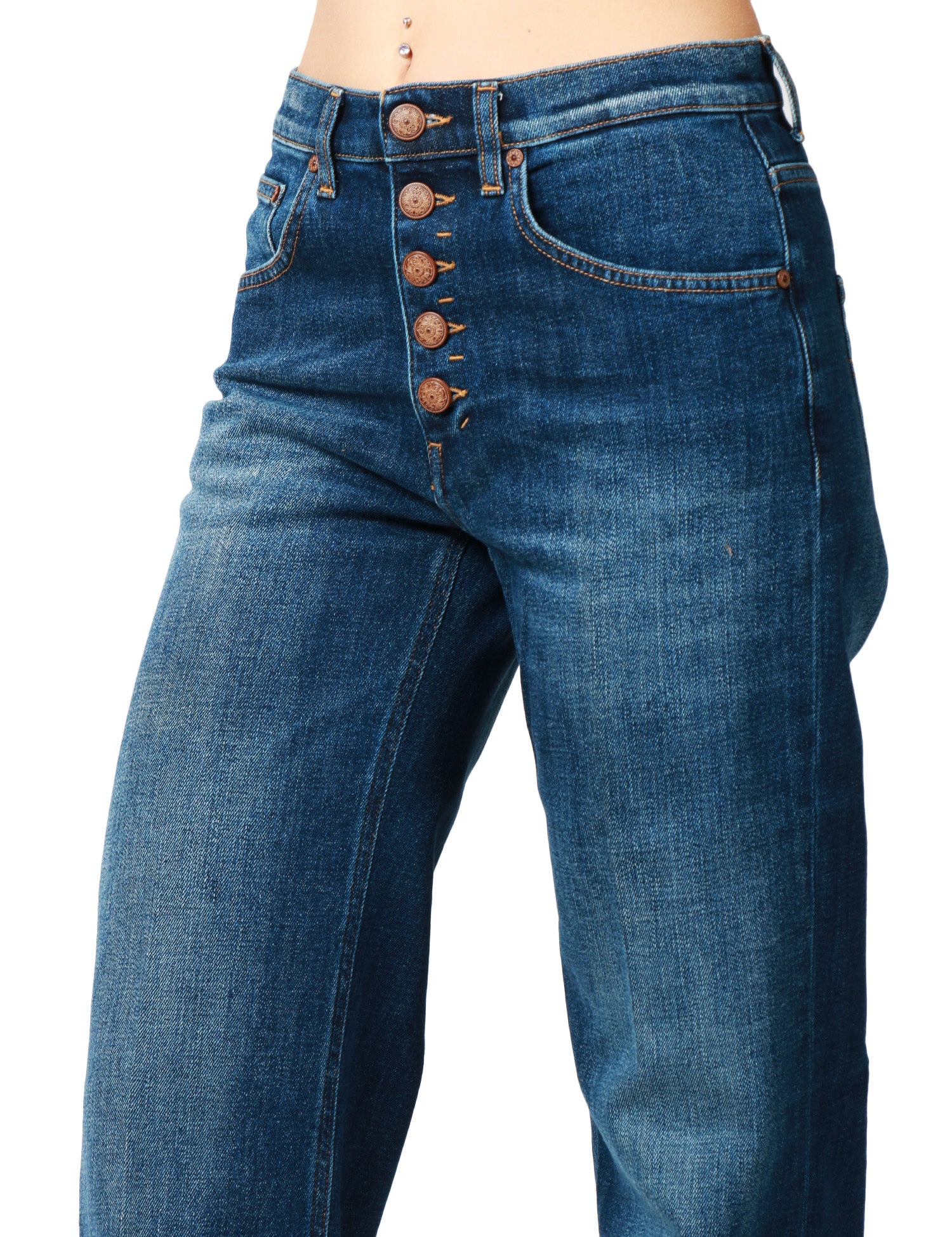 JEANS DONNA DONDUP JACKLYN LAVAGGIO SCURO CON GAMBA A PALAZZO E BOTTONIERA GIOIELLO