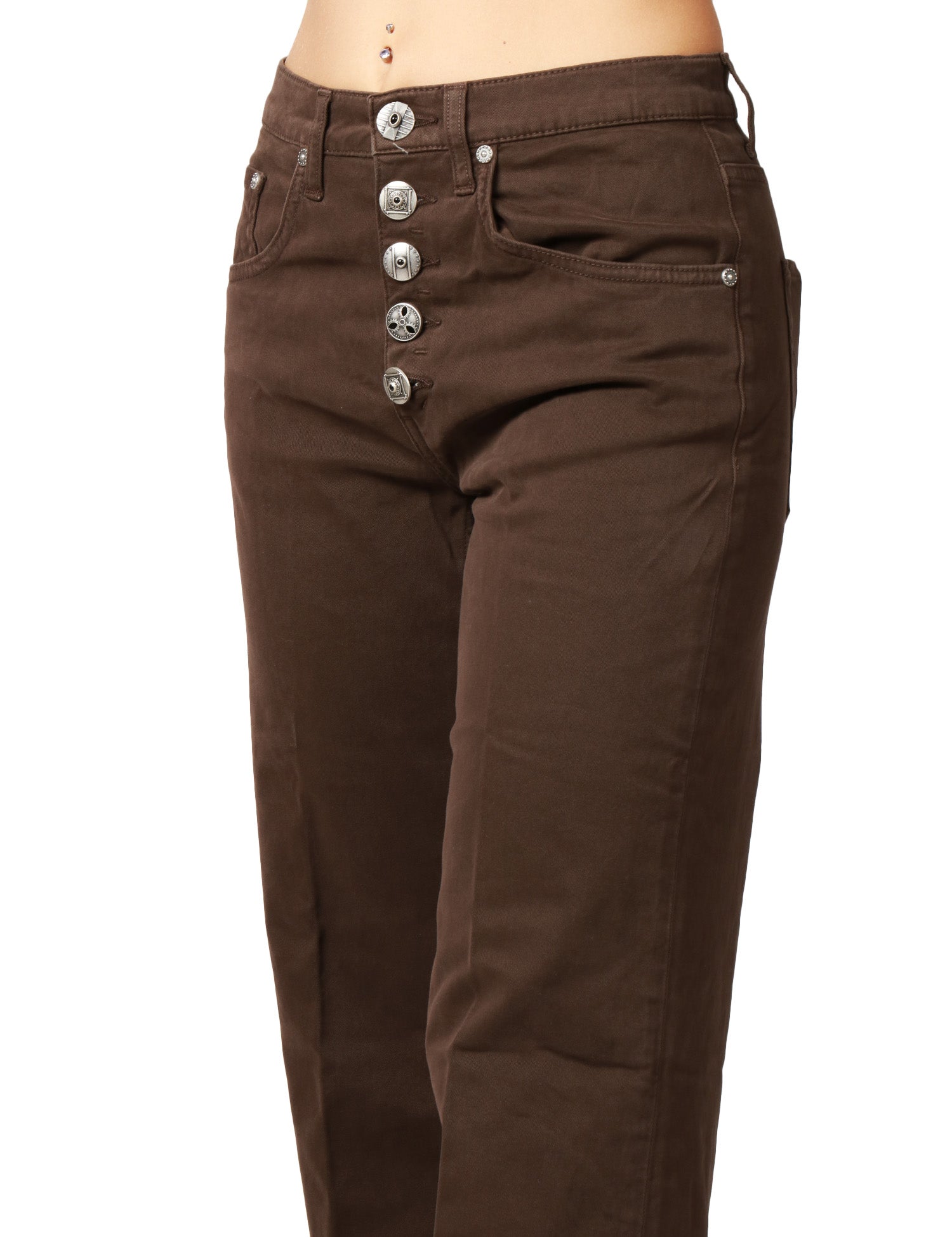 JEANS DONNA DONDUP JACKLYN MARRONE CON BOTTONIERA GIOIELLO E GAMBA A PALAZZO