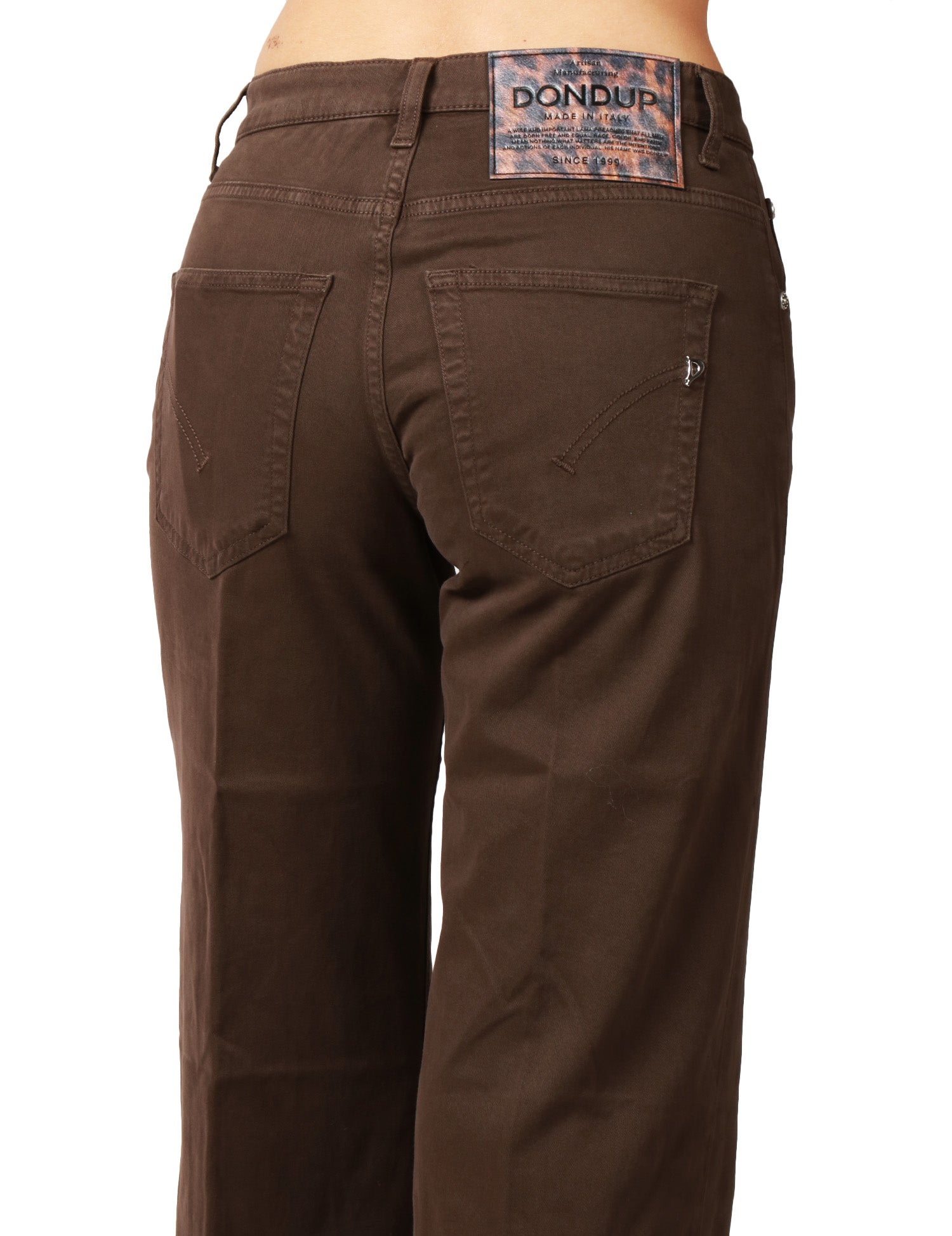 JEANS DONNA DONDUP JACKLYN MARRONE CON BOTTONIERA GIOIELLO E GAMBA A PALAZZO