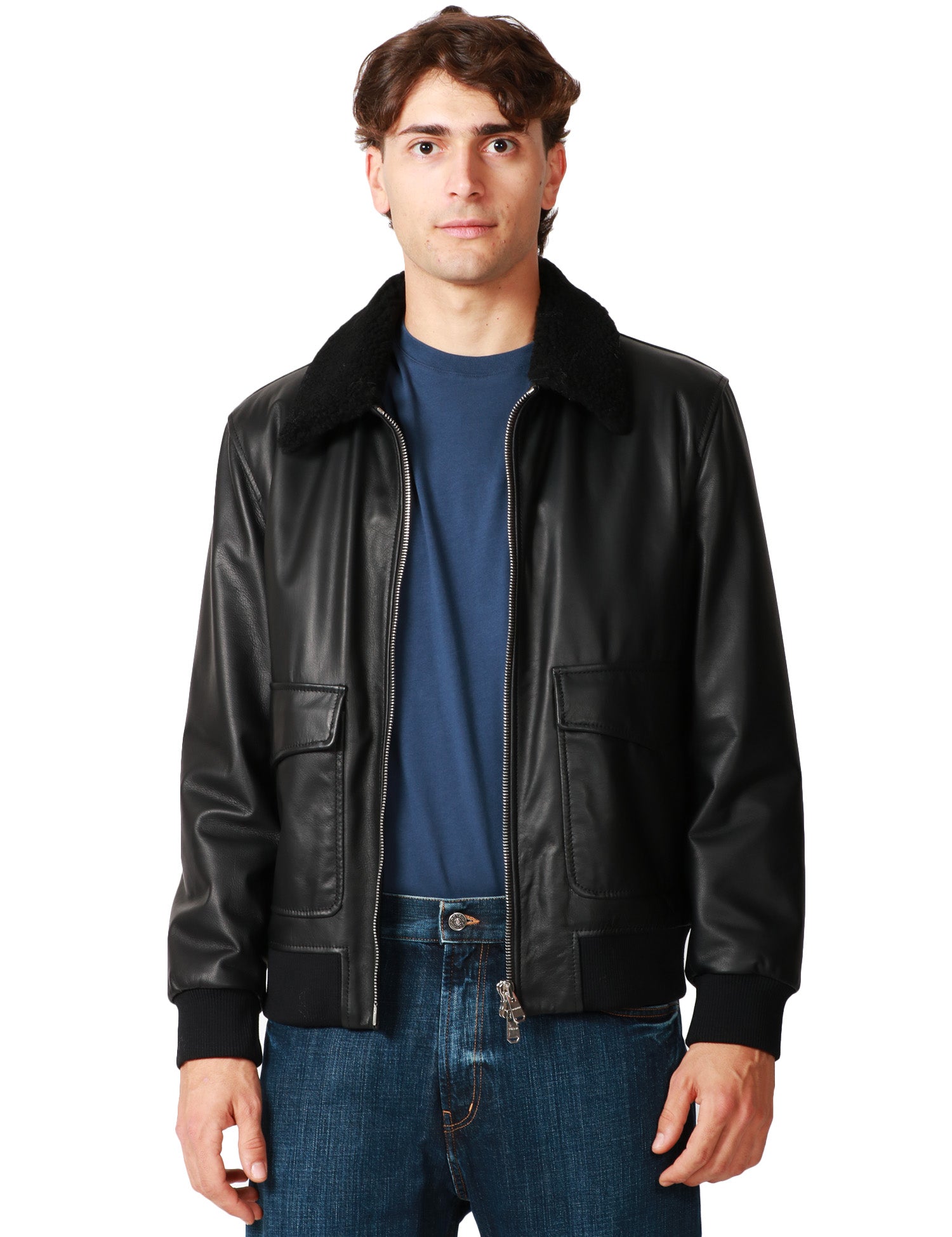 GIUBBOTTO BOMBER UOMO DONDUP NERO IN NAPPA CON COLLETTO IN PELLICCIA E INSERTI IN MAGLIA