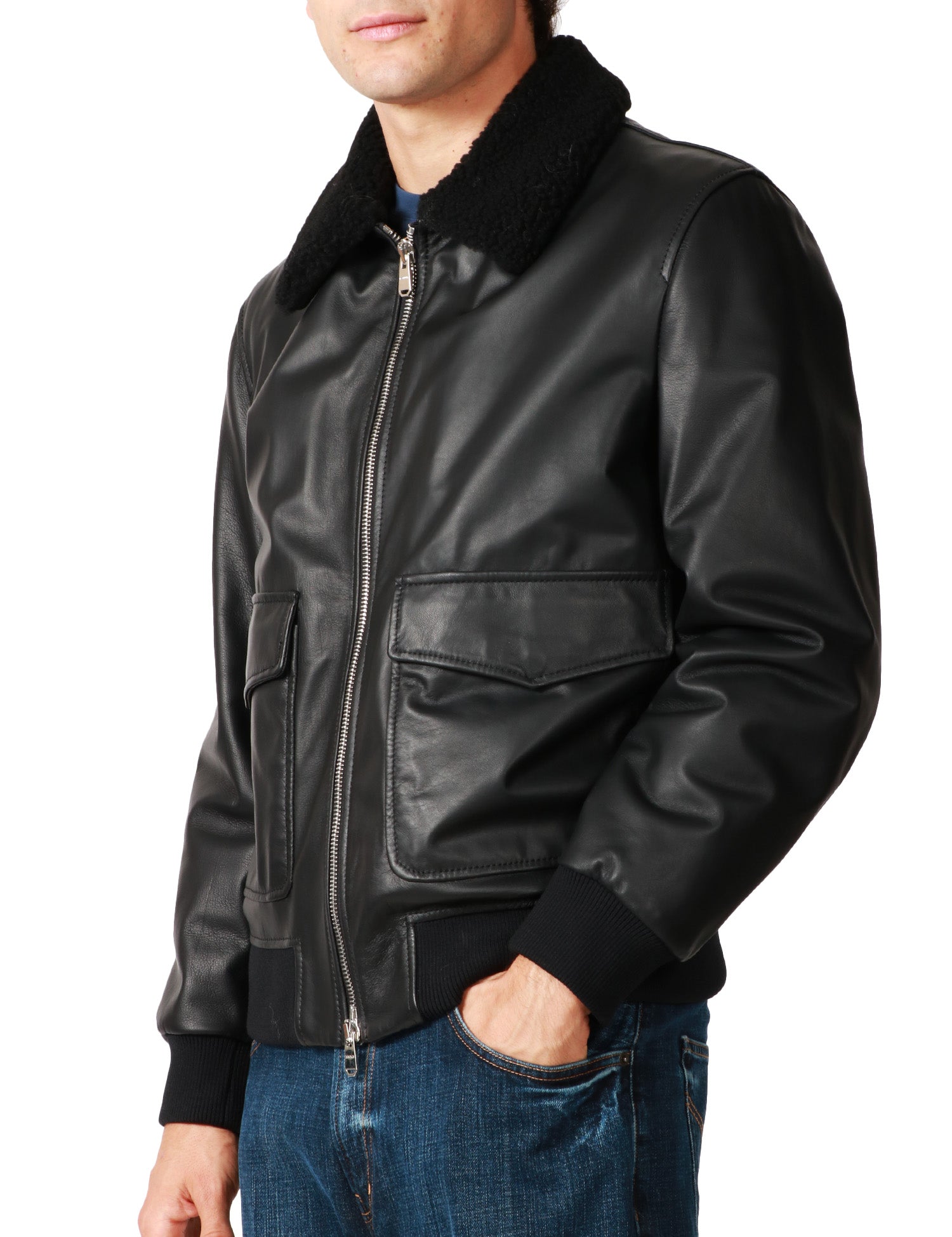 GIUBBOTTO BOMBER UOMO DONDUP NERO IN NAPPA CON COLLETTO IN PELLICCIA E INSERTI IN MAGLIA