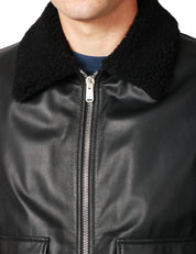GIUBBOTTO BOMBER UOMO DONDUP NERO IN NAPPA CON COLLETTO IN PELLICCIA E INSERTI IN MAGLIA