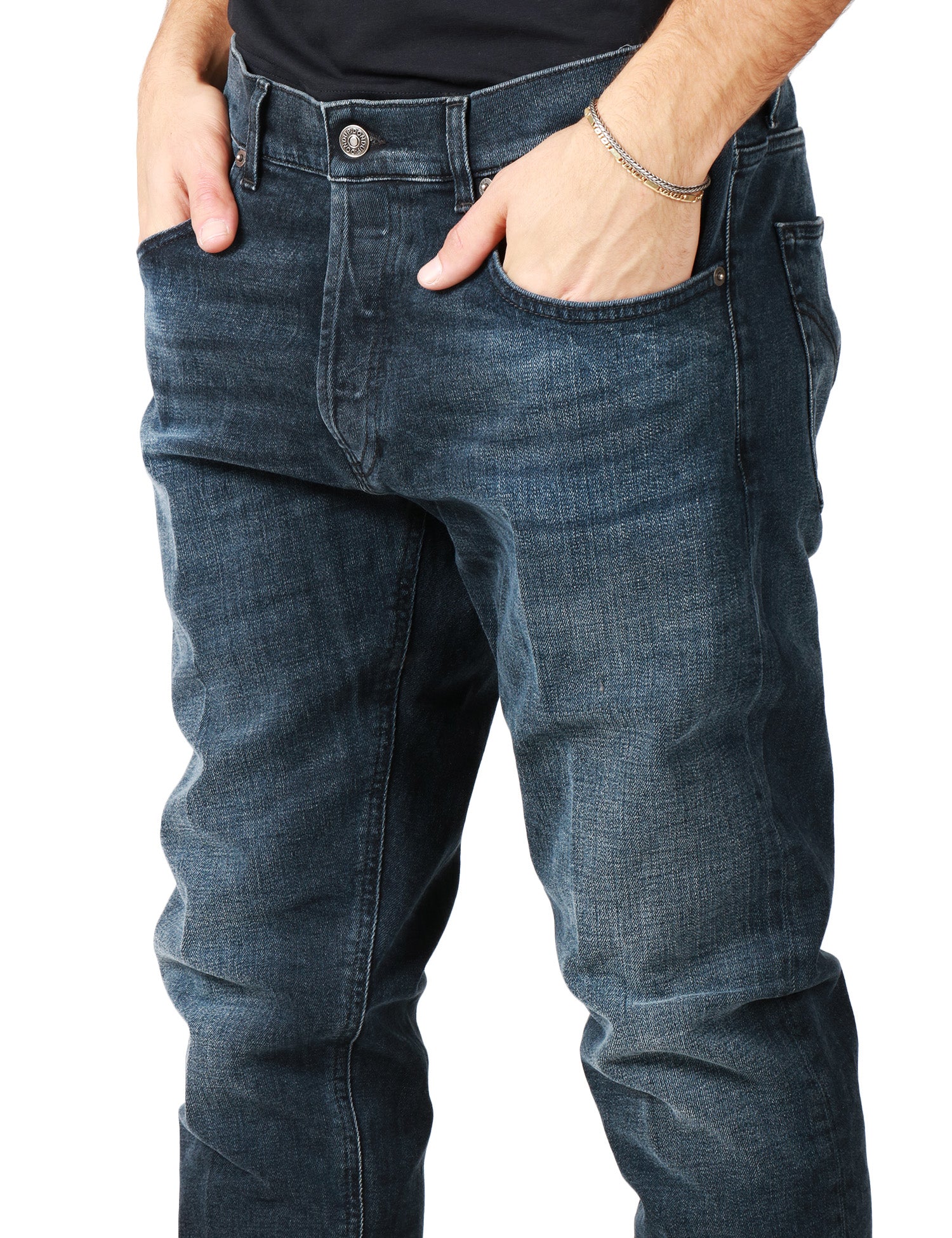 JEANS UOMO DONDUP DIAN DENIM BLU/BLACK LAVAGGIO VINTAGE CINQUE TASCHE CARROT FIT