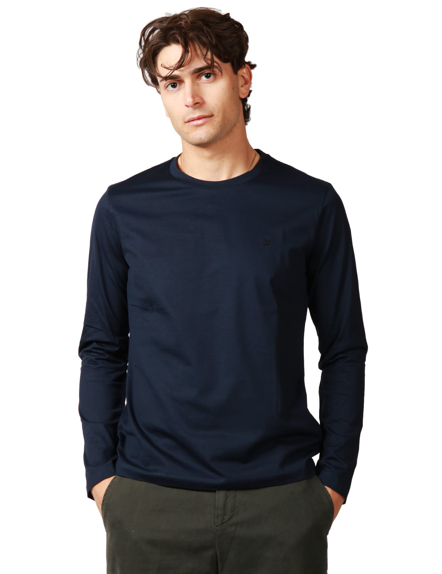 T-SHIRT UOMO DONDUP BLU GIROCOLLO A MANICHE LUNGHE CON D LOGO SUL PETTO IN JERSEY DI COTONE
