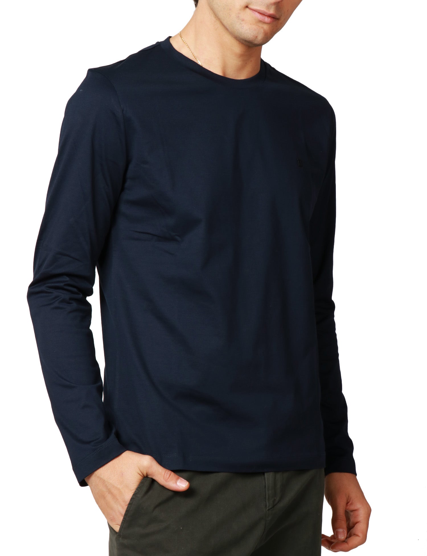 T-SHIRT UOMO DONDUP BLU GIROCOLLO A MANICHE LUNGHE CON D LOGO SUL PETTO IN JERSEY DI COTONE