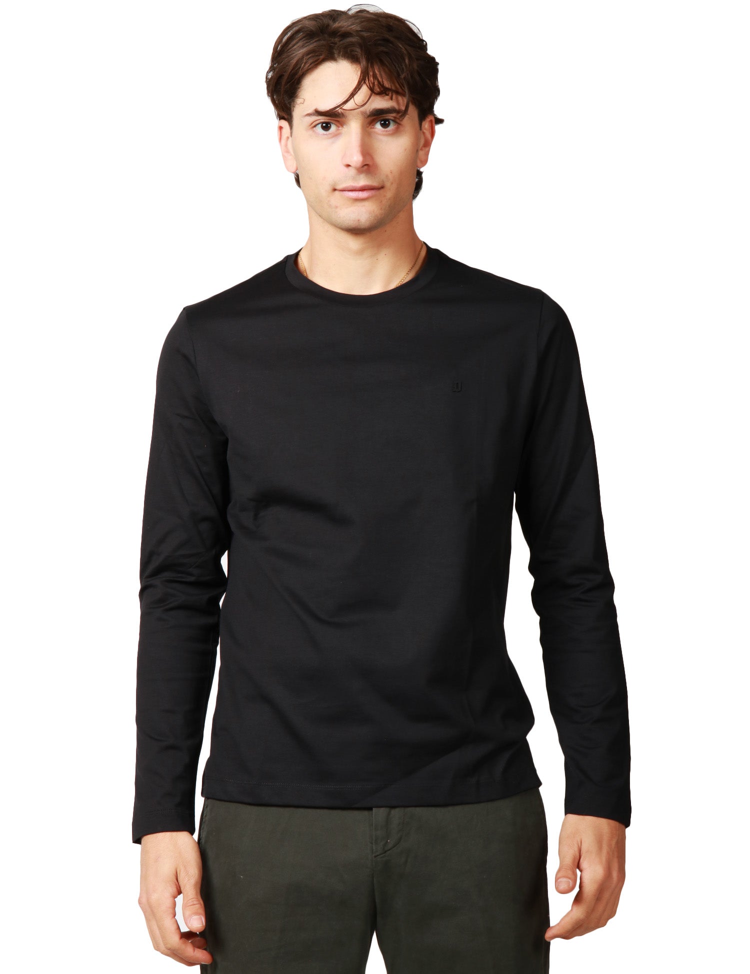 T-SHIRT UOMO DONDUP NERA GIROCOLLO A MANICA LUNGA CON D LOGO SUL PETTO IN JERSEY DI COTONE