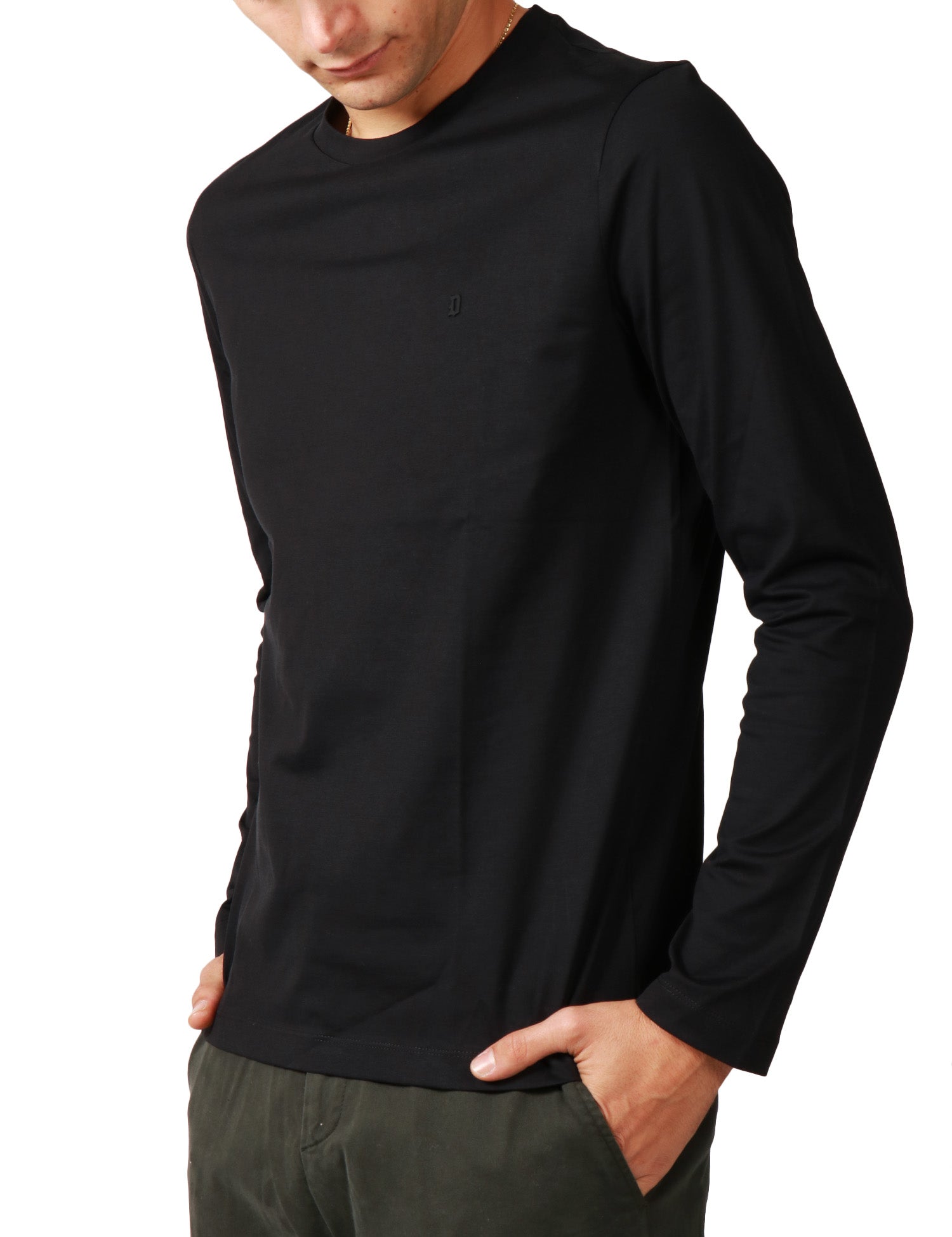 T-SHIRT UOMO DONDUP NERA GIROCOLLO A MANICA LUNGA CON D LOGO SUL PETTO IN JERSEY DI COTONE