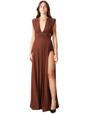 ABITO ELISABETTA FRANCHI COFFEE IN JERSEY LUREX PLISSè CON SPACCO LATERALE E COLLANA LOGATA
