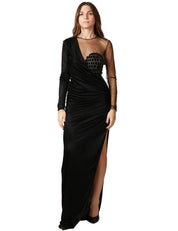 ABITO LUNGO ELISABETTA FRANCHI RED CARPET NERO IN TULLE E JERSEY CON RICAMI COCCO