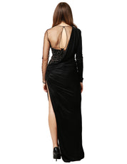 ABITO LUNGO ELISABETTA FRANCHI RED CARPET NERO IN TULLE E JERSEY CON RICAMI COCCO