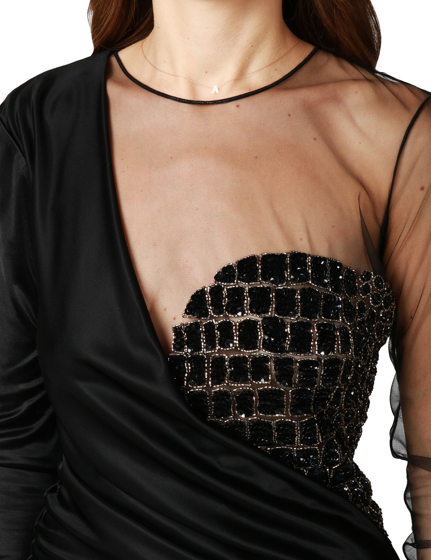 ABITO LUNGO ELISABETTA FRANCHI RED CARPET NERO IN TULLE E JERSEY CON RICAMI COCCO