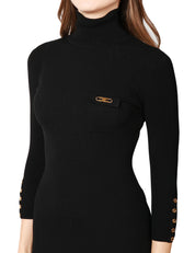 ABITO LONGUETTE ELISABETTA FRANCHI NERO IN MAGLIA CON COLLO DOLCEVITA E SPACCO LATERALE