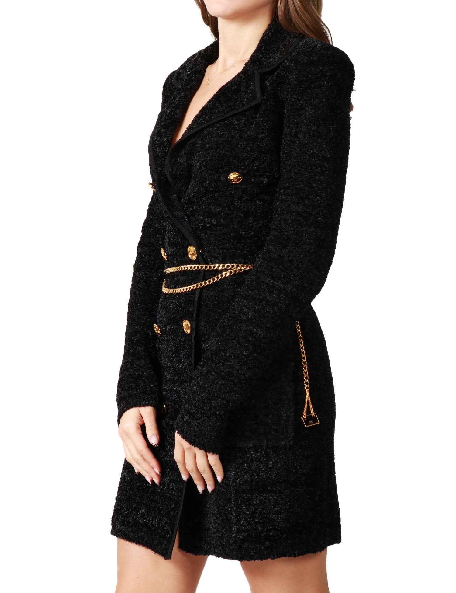 ABITO ROBEMANTEAU DONNA ELISABETTA FRANCHI NERO IN CINIGLIA BOUCLè CON BOTTONI E CINTURA IN METALLO DORATO