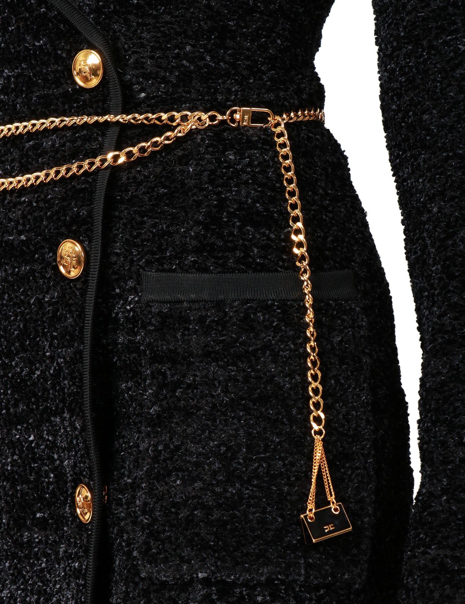 ABITO ROBEMANTEAU DONNA ELISABETTA FRANCHI NERO IN CINIGLIA BOUCLè CON BOTTONI E CINTURA IN METALLO DORATO