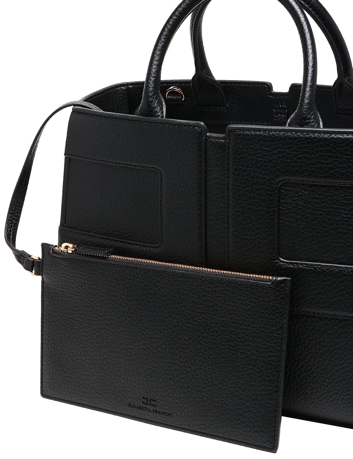 BORSA TOTE ELISABETTA FRANCHI NERA IN PELLE SINTETICA CON LOGO IN TONO E MANICI TUBOLARI