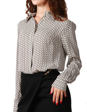 CAMICIA DONNA ELISABETTA FRANCHI BIANCO/NERA CON STAMPA GEOMETRICA E CRAVATTA IN RASO