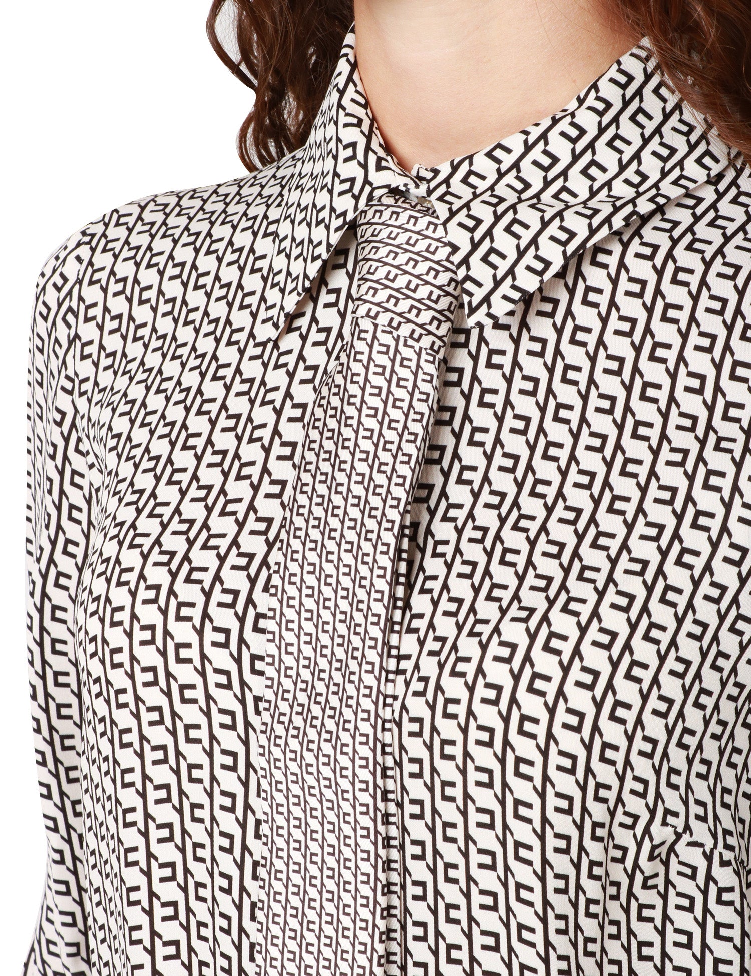 CAMICIA DONNA ELISABETTA FRANCHI BIANCO/NERA CON STAMPA GEOMETRICA E CRAVATTA IN RASO