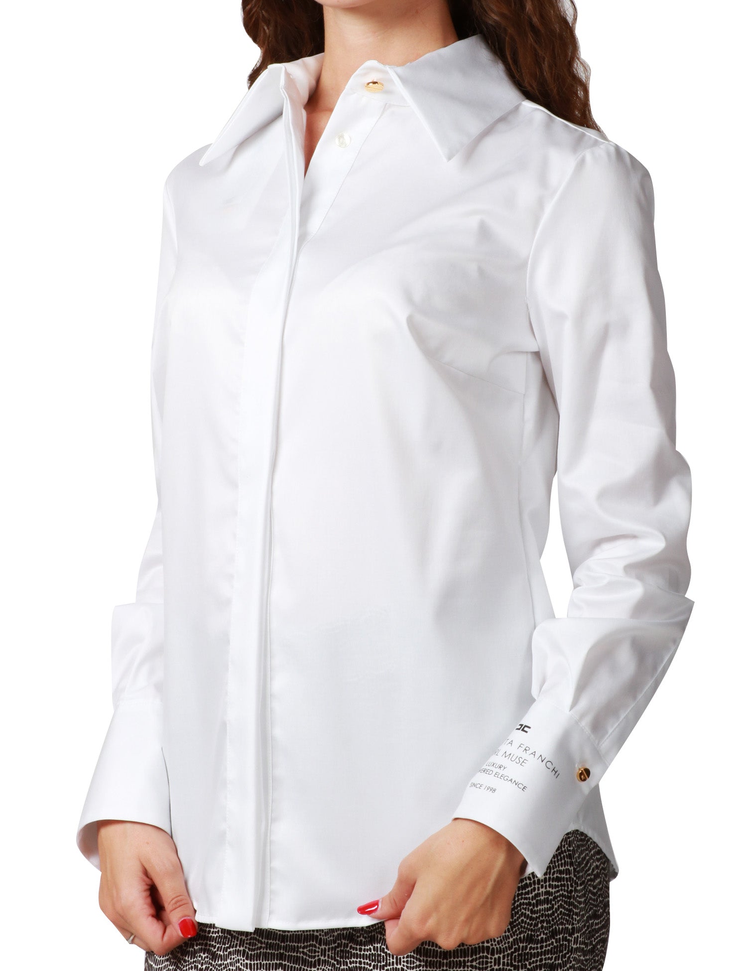 CAMICIA DONNA ELISABETTA FRANCHI BIANCA IN POPELINE DI COTONE CON STAMPA DI COLLEZIONE SUL POLSINO