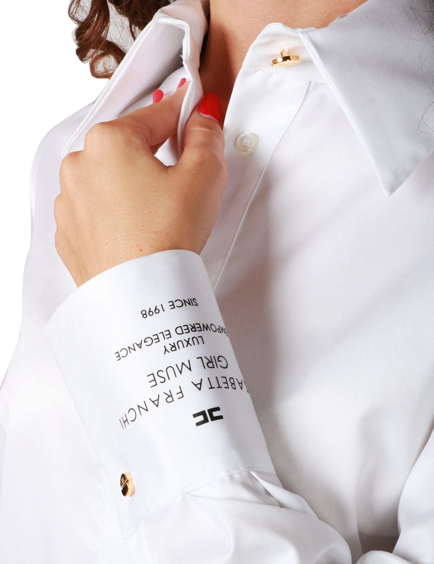 CAMICIA DONNA ELISABETTA FRANCHI BIANCA IN POPELINE DI COTONE CON STAMPA DI COLLEZIONE SUL POLSINO
